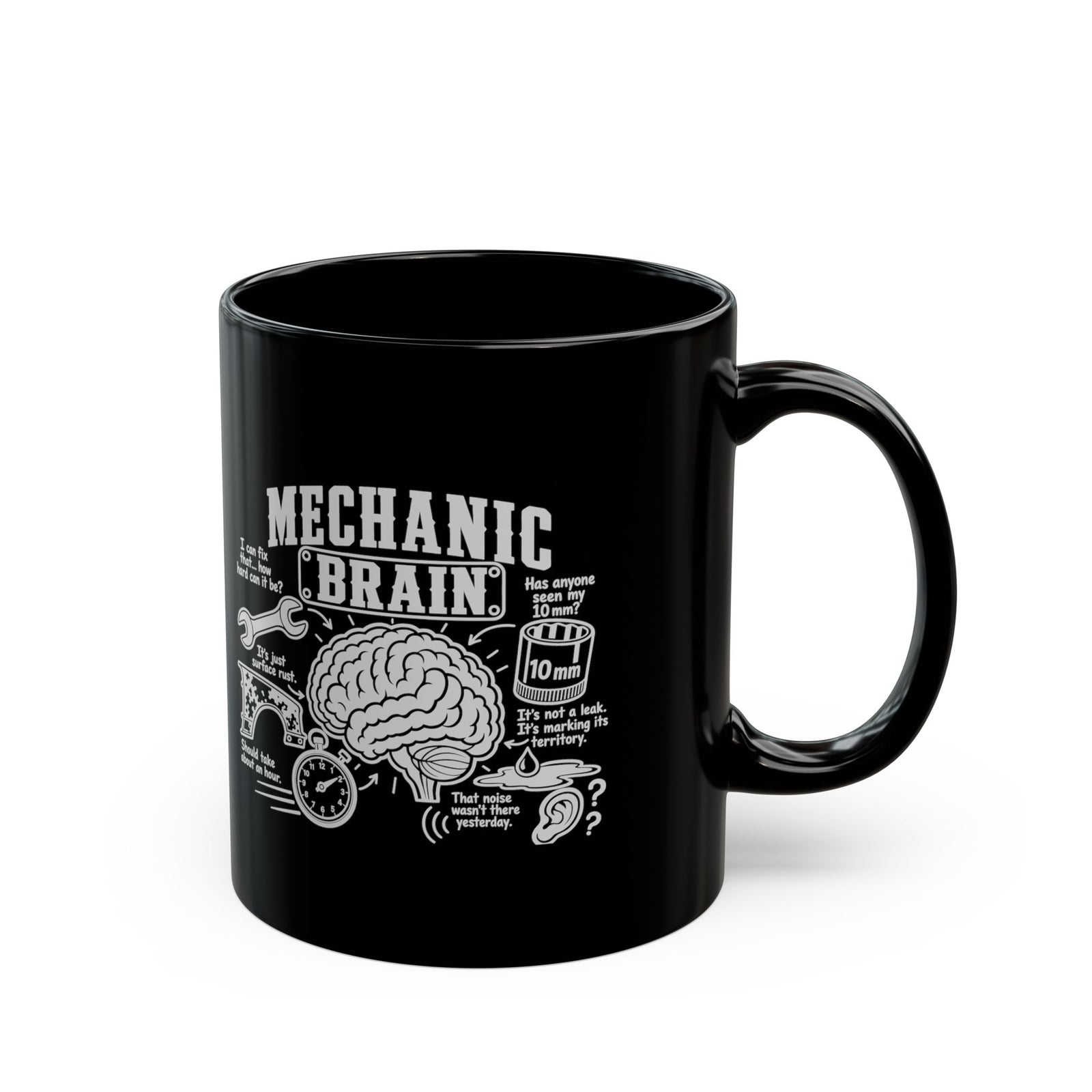 Mechanic Brain Coffee Mug - 11oz black coffee mug, handle on the right