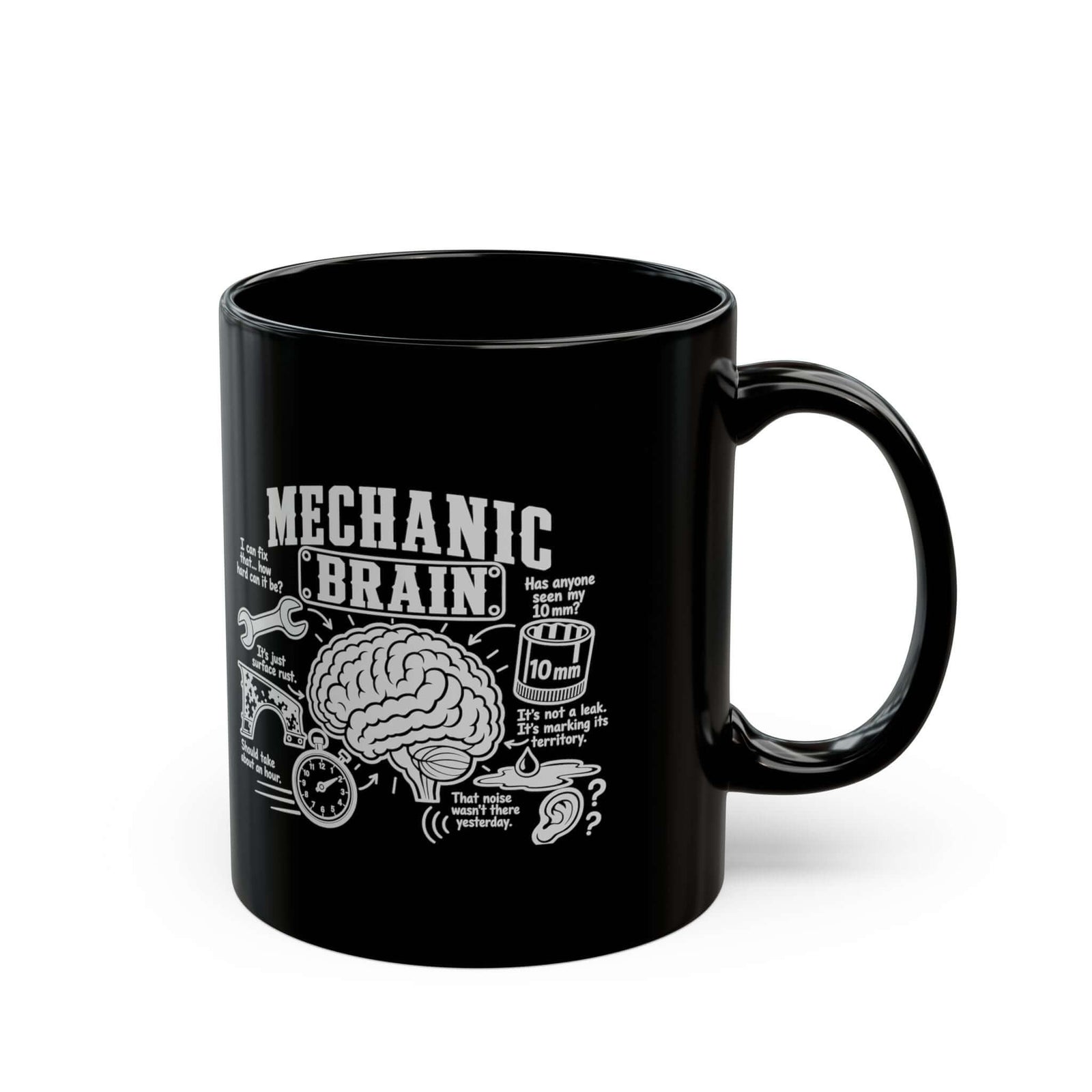 Mechanic Brain Coffee Mug - 11oz black coffee mug, handle on the right