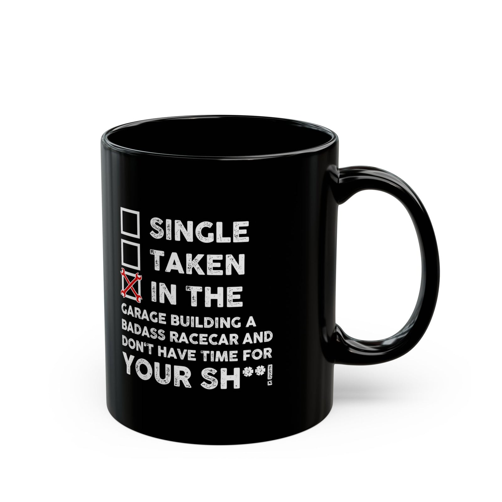 In the Garage Building a Racecar Mug - 11oz black coffee mug, handle on the right