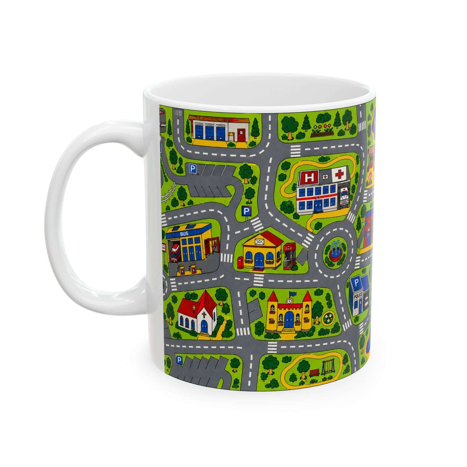 Retro 90s Road Play Carpet Mug - 11oz white coffee mug, handle on the left