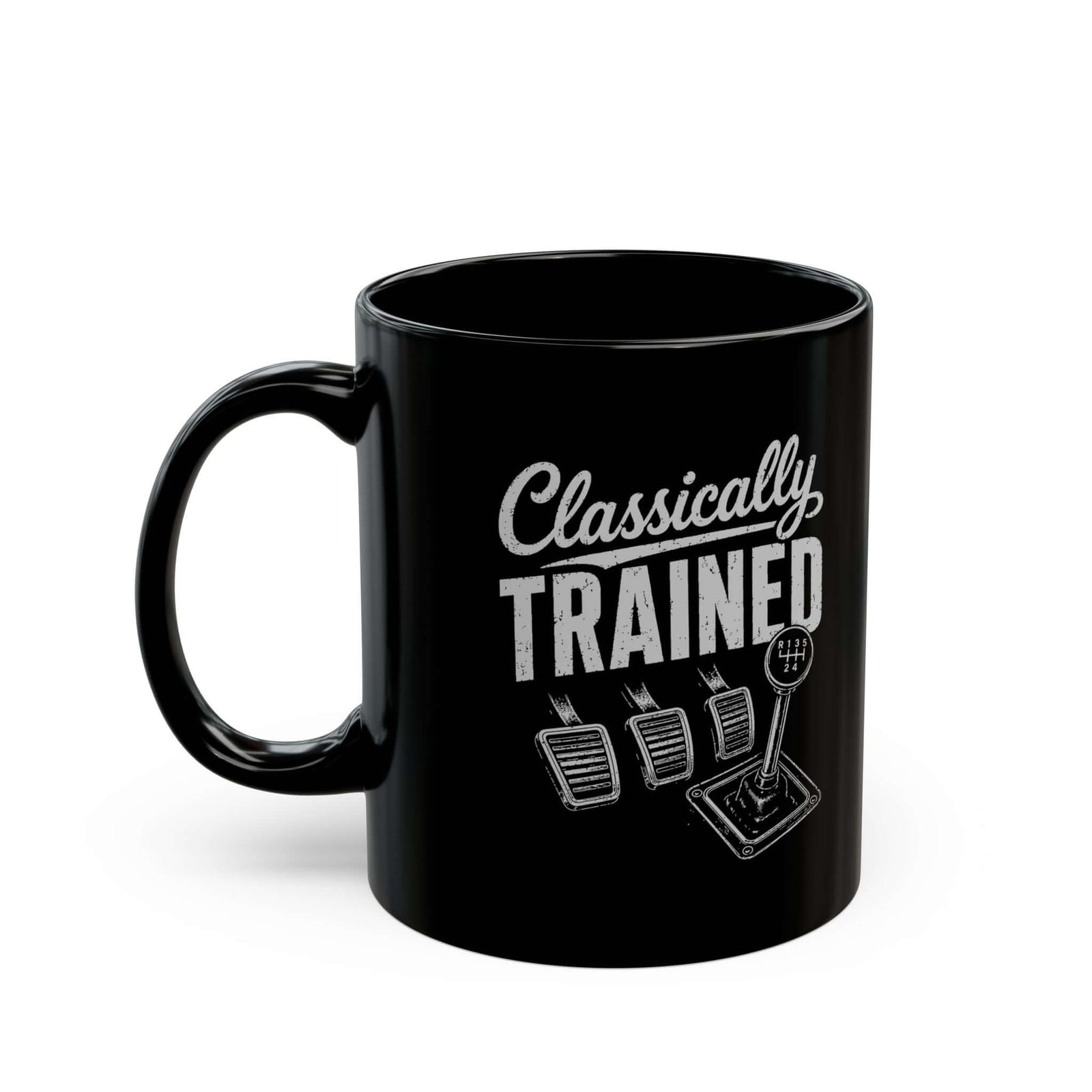 Classically Trained Manual Driver Mug - 11oz black coffee mug, handle on the left
