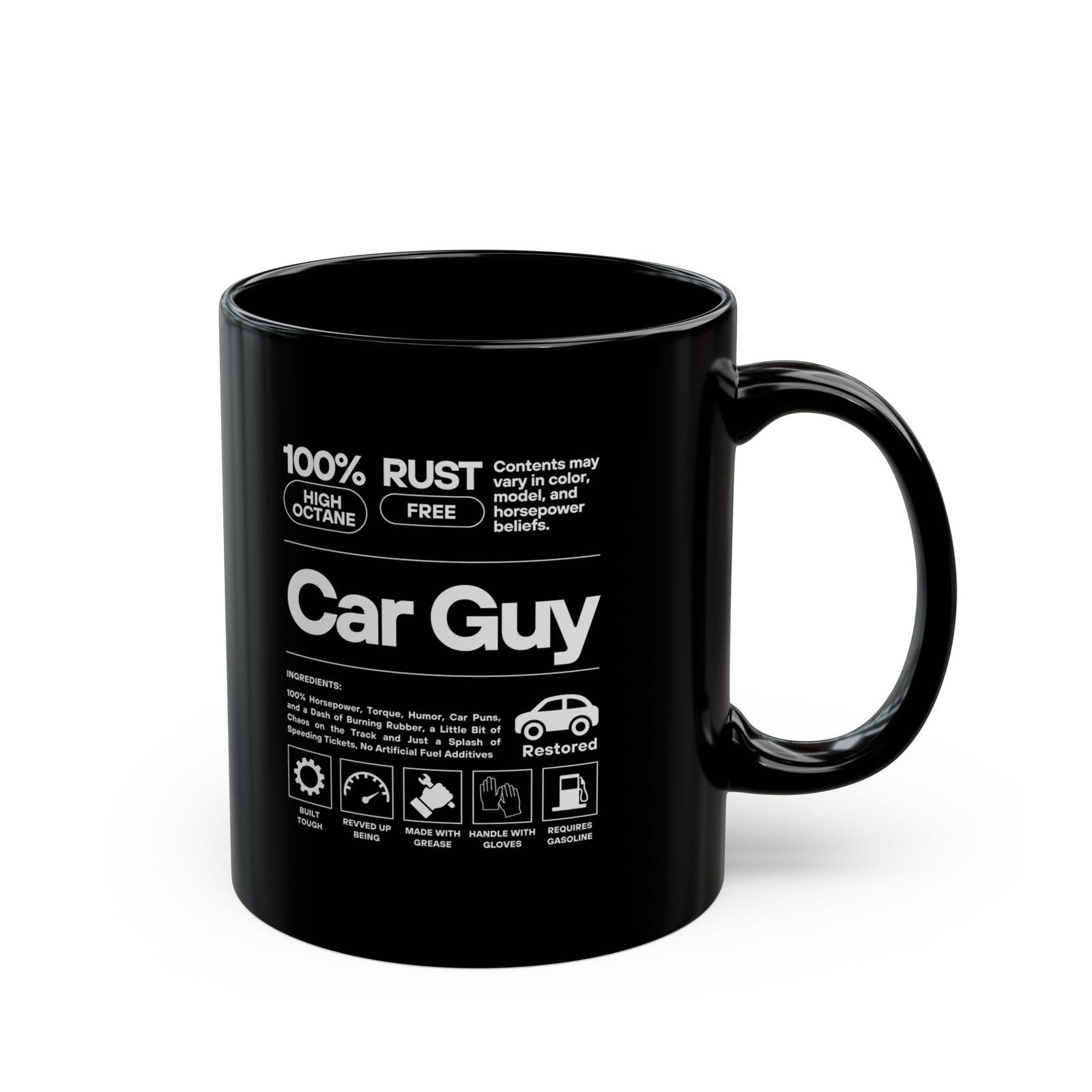 Car Guy Ingredients Label Coffee Mug - 11oz black coffee mug, handle on the right