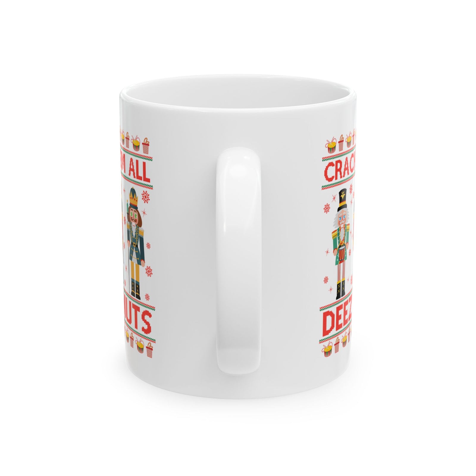 Crack 'Em All Nutcracker Christmas Mug - 11oz white coffee mug, handle facing front