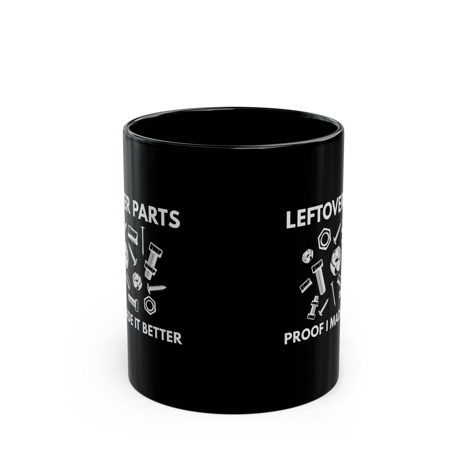 Leftover Parts Coffee Mug - 11oz black coffee mug, front view with print on both sides