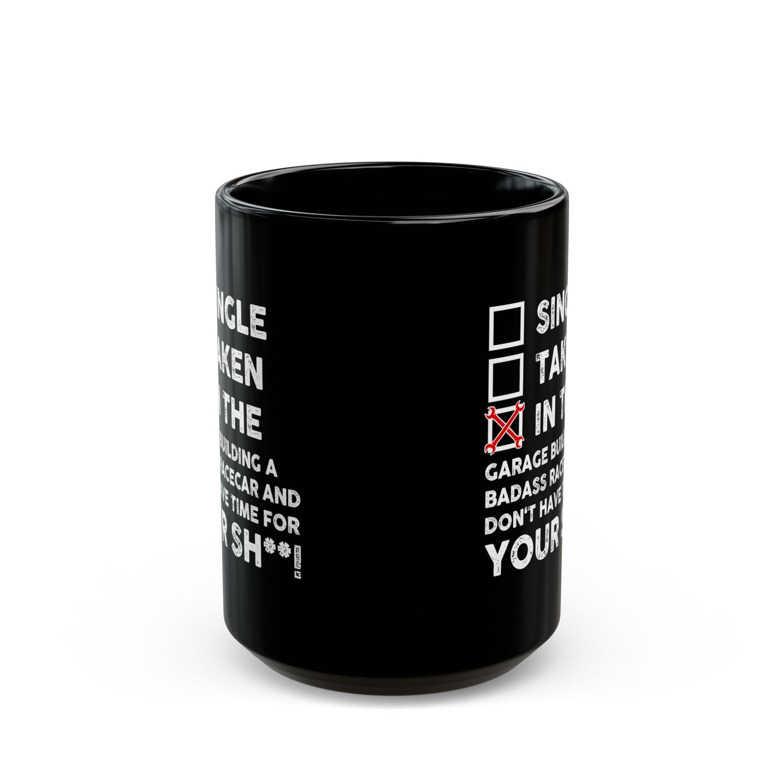 In the Garage Building a Racecar Mug - 15oz black coffee mug, front view with print on both sides