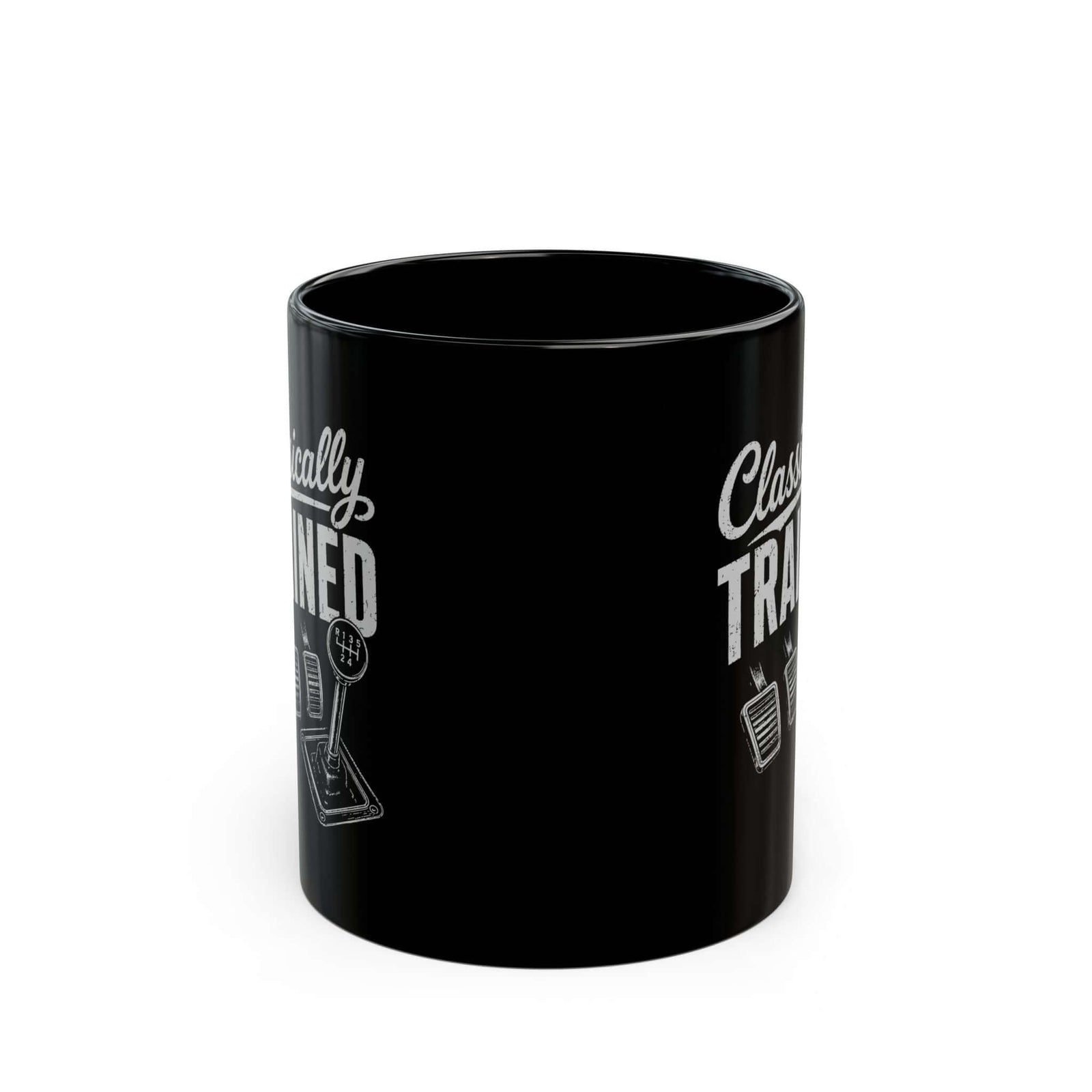 Classically Trained Manual Driver Mug - 11oz black coffee mug, front view with print on both sides