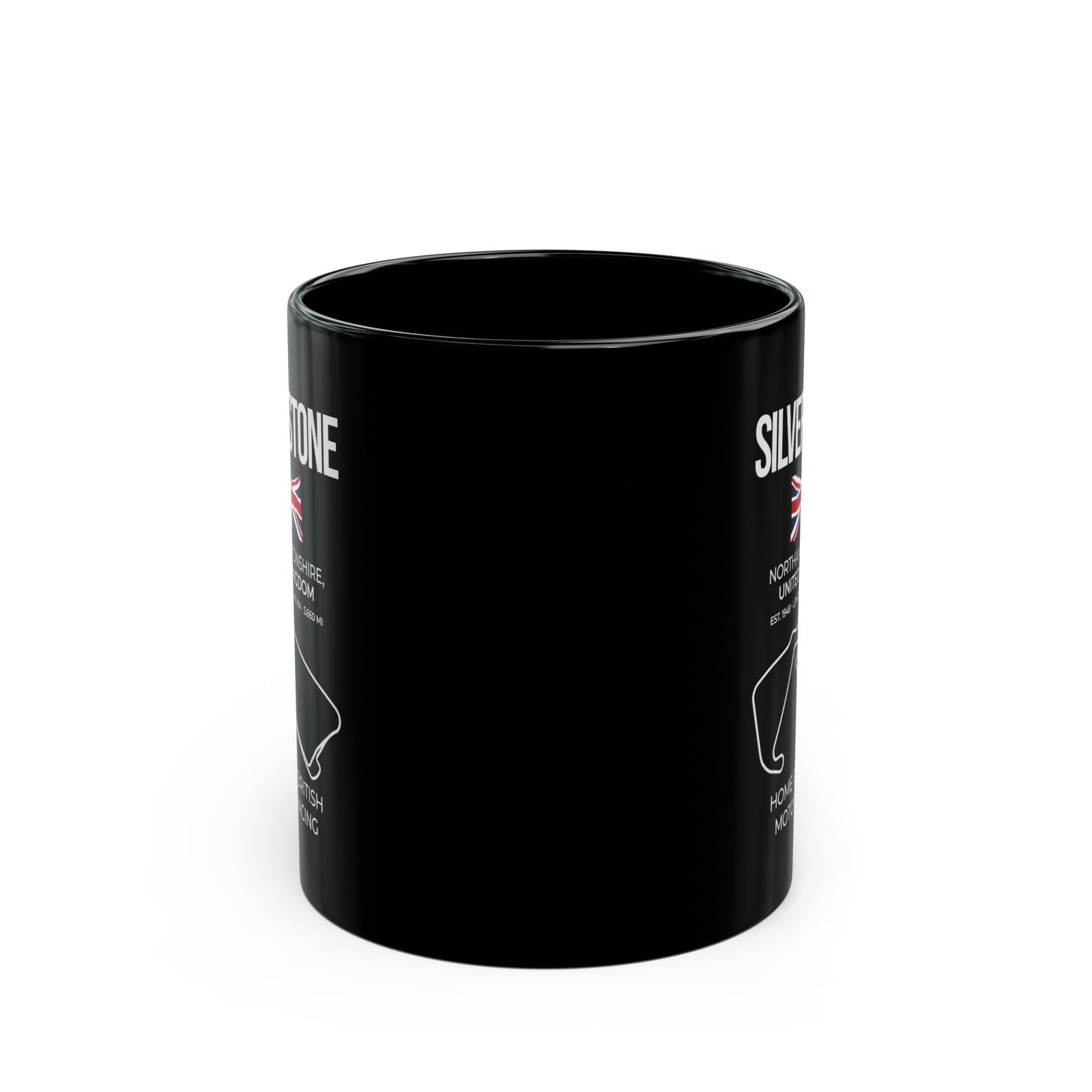 Silverstone Race Track Mug - 11oz black coffee mug, front view with print on both sides
