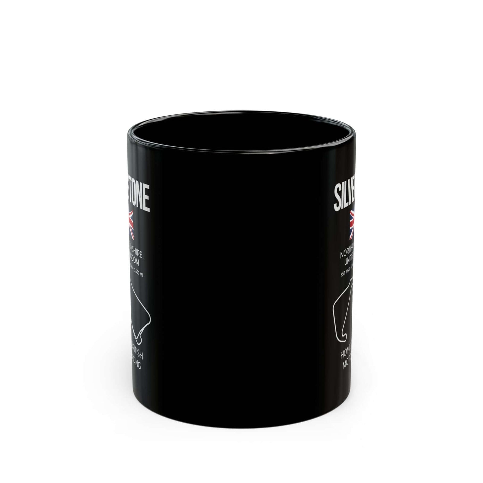 Silverstone Race Track Mug - 11oz black coffee mug, front view with print on both sides