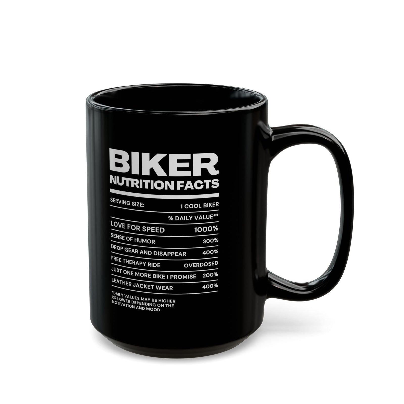 Biker Nutrition Facts Coffee Mug - 15oz black coffee mug, handle on the right