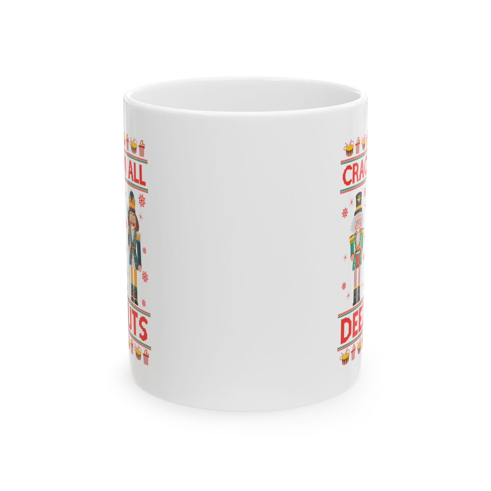 Crack 'Em All Nutcracker Christmas Mug - 11oz white coffee mug, front view with print on both sides