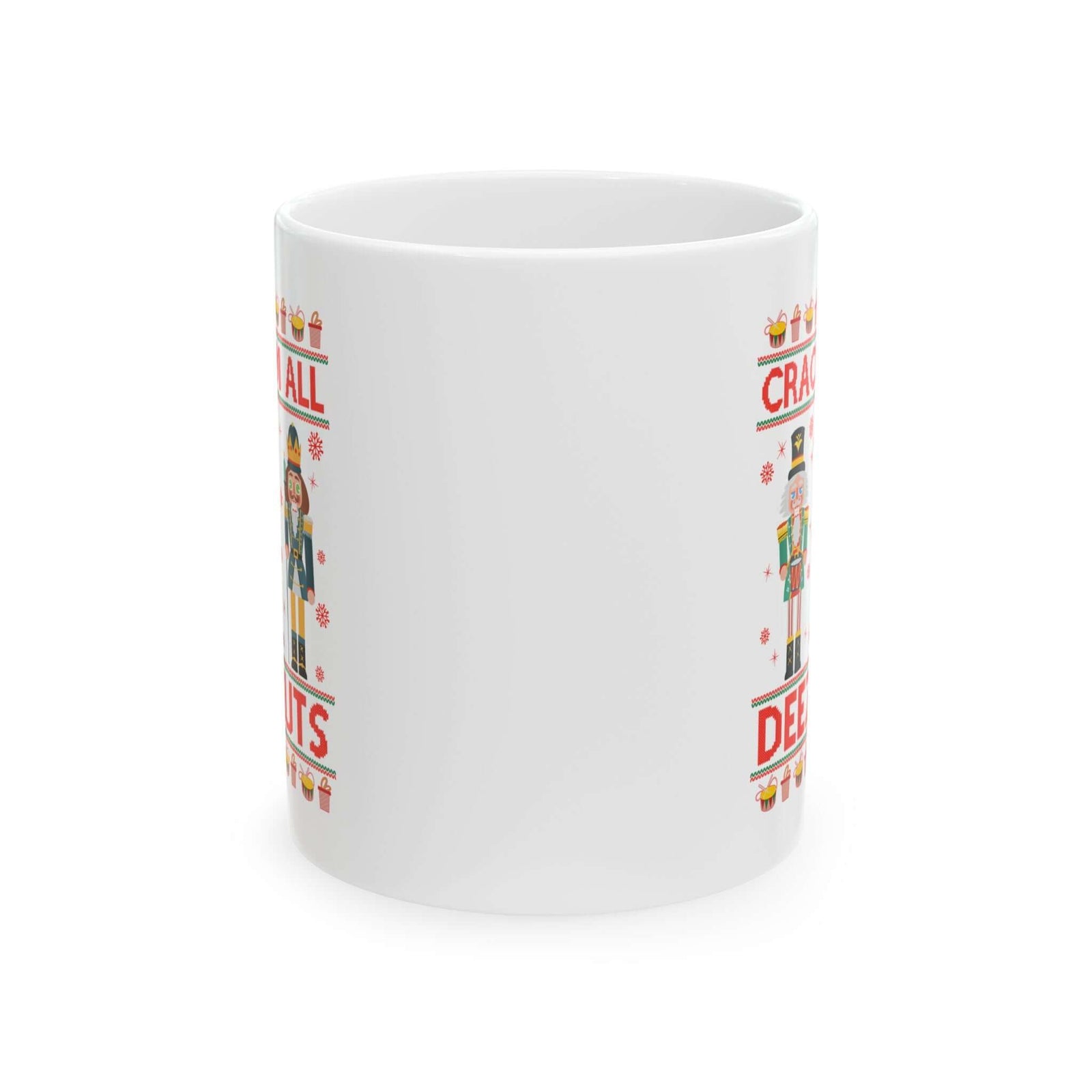 Crack 'Em All Nutcracker Christmas Mug - 11oz white coffee mug, front view with print on both sides