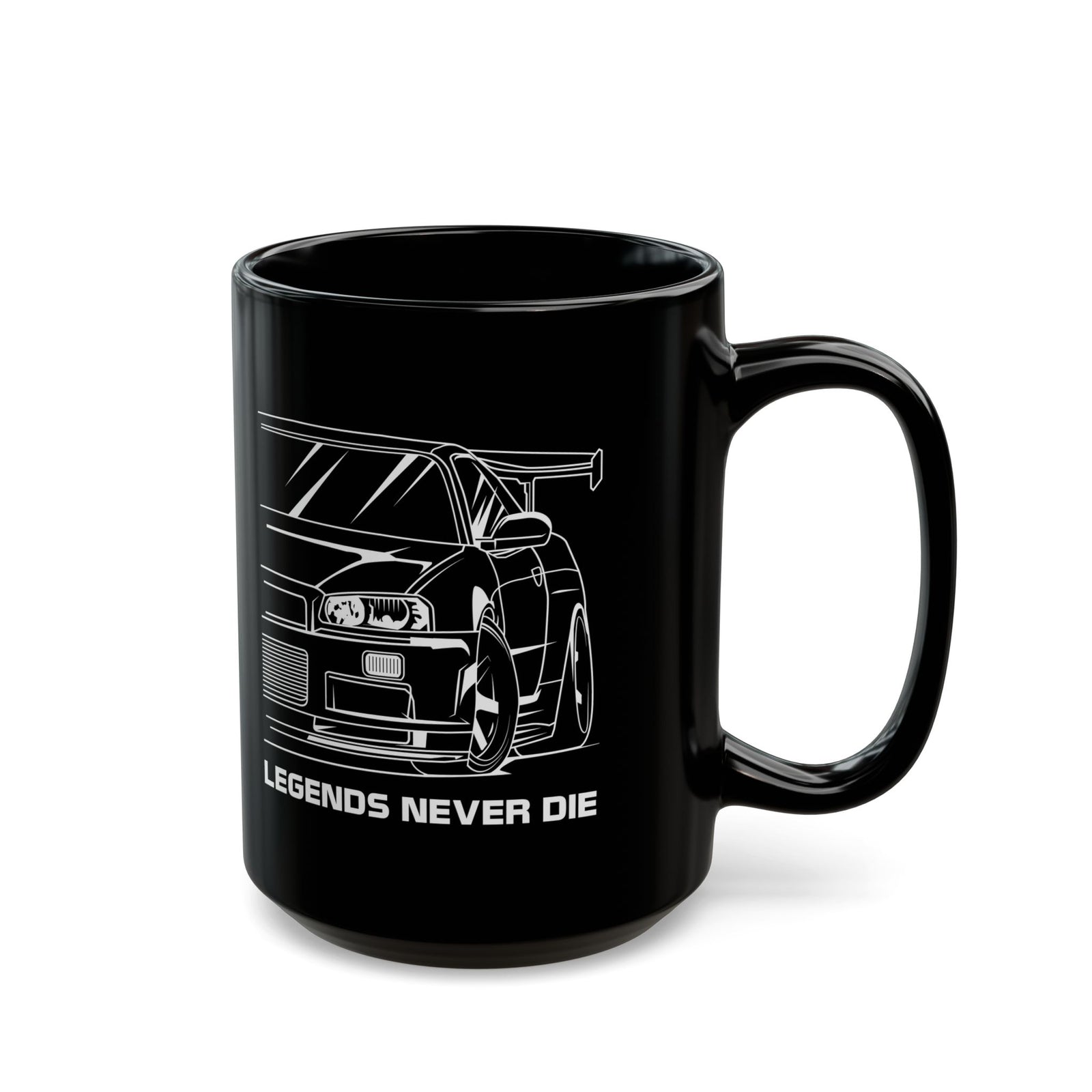 JDM Legends Never Die Coffee Mug - 15oz black coffee mug, handle on the right