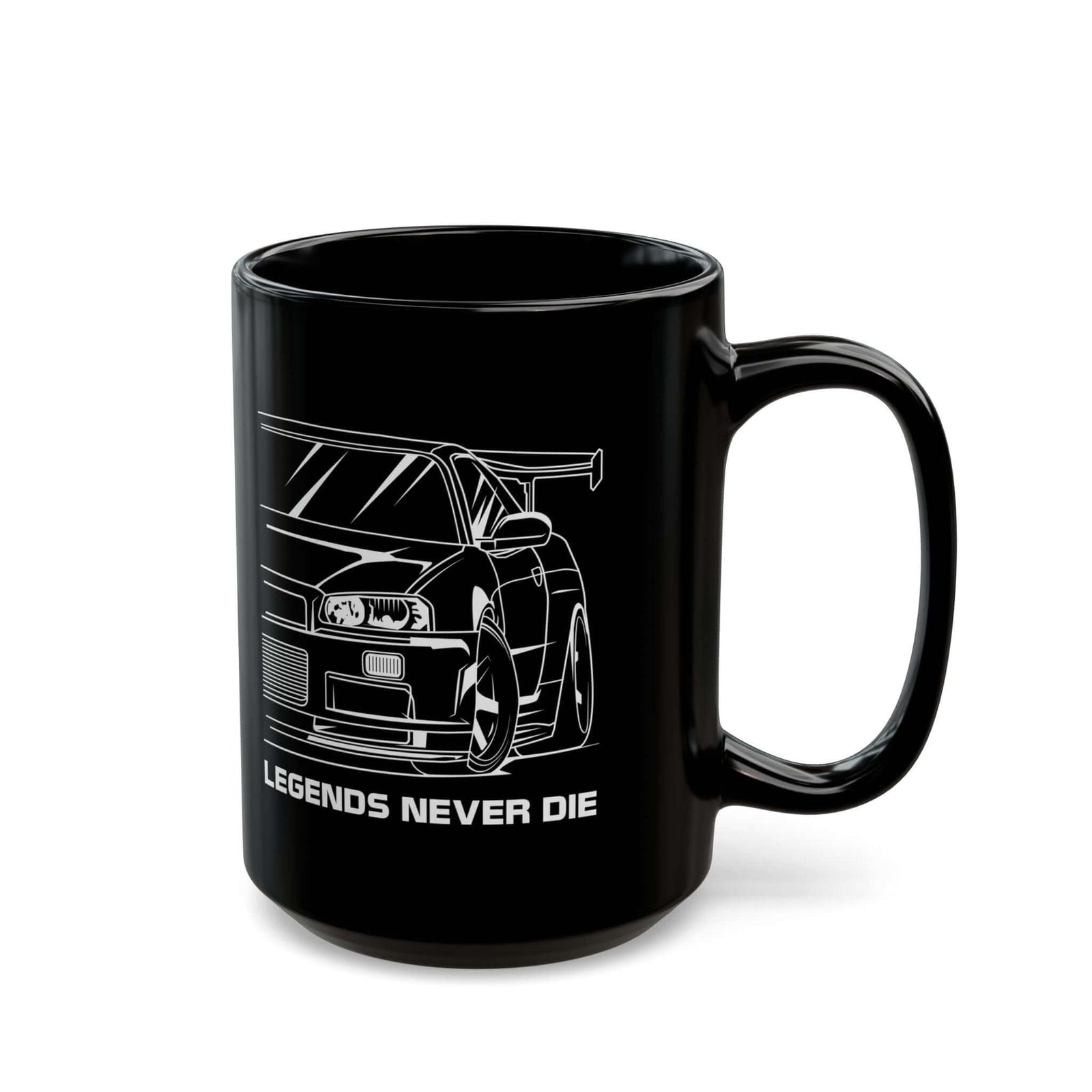 JDM Legends Never Die Coffee Mug - 15oz black coffee mug, handle on the right