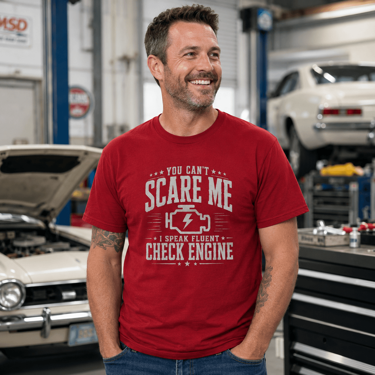 Vintage Check Engine shirt maroon | Retro garage tee | 365CarMods