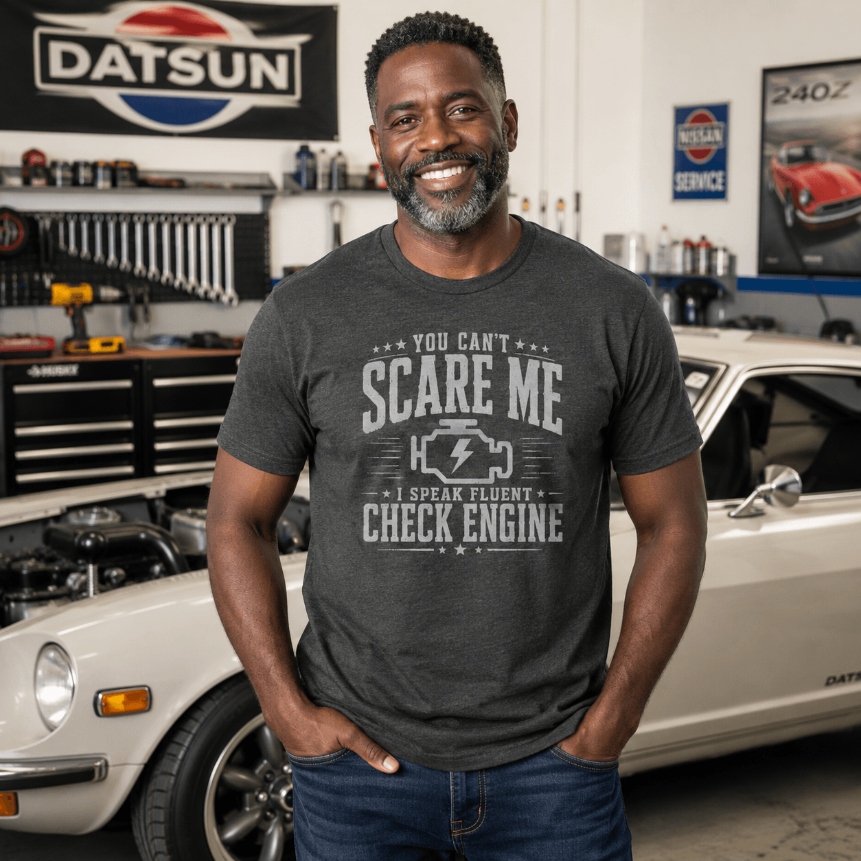 Vintage Check Engine shirt navy | Distressed car guy tee | 365CarMods