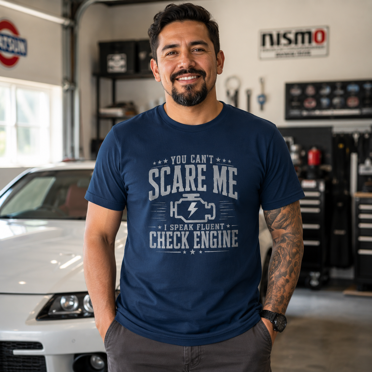 Vintage Check Engine shirt royal blue | Funny gearhead tee | 365CarMods