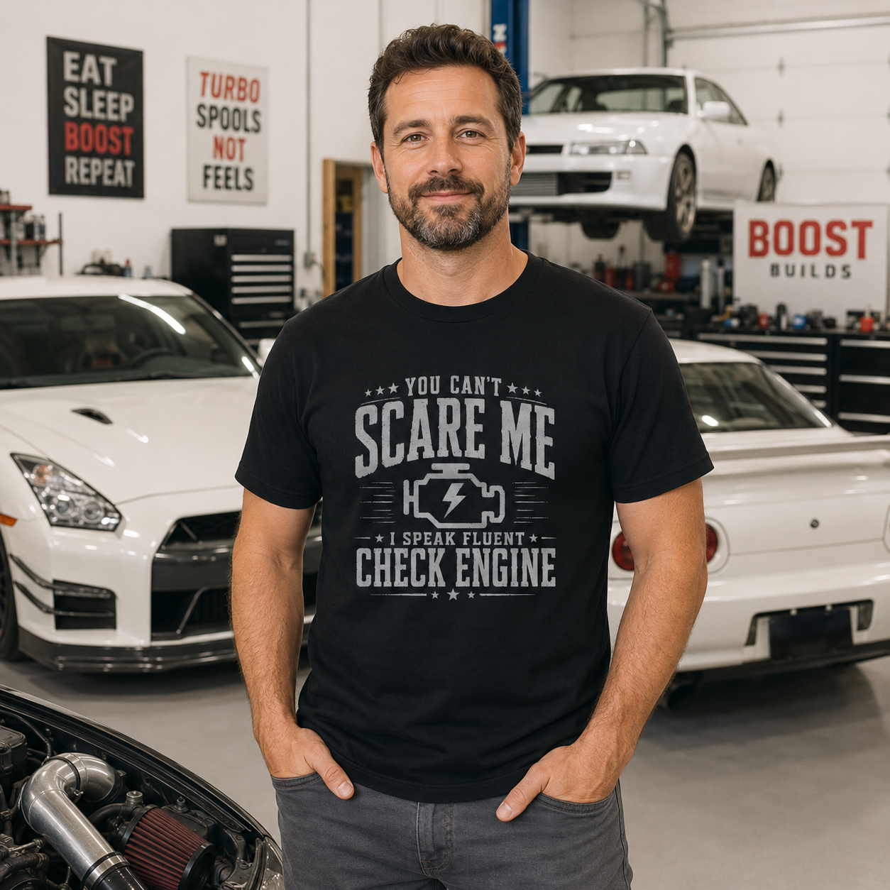 Vintage Check Engine t-shirt design print | Distressed car guy gift tee | 365CarMods