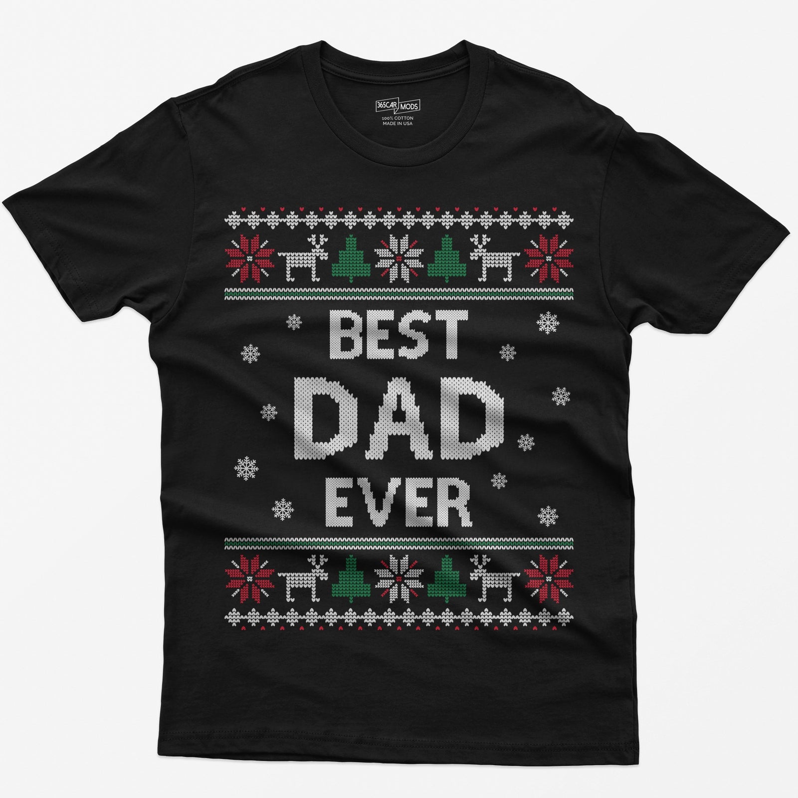 Black t-shirt with knit-style Best Dad Ever print framed by reindeer, Christmas trees, poinsettias and snowflakes