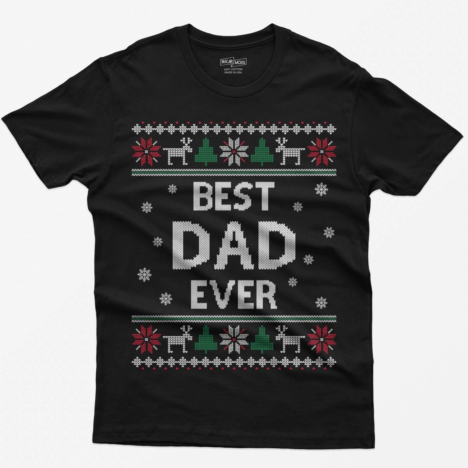 Black t-shirt with knit-style Best Dad Ever print framed by reindeer, Christmas trees, poinsettias and snowflakes