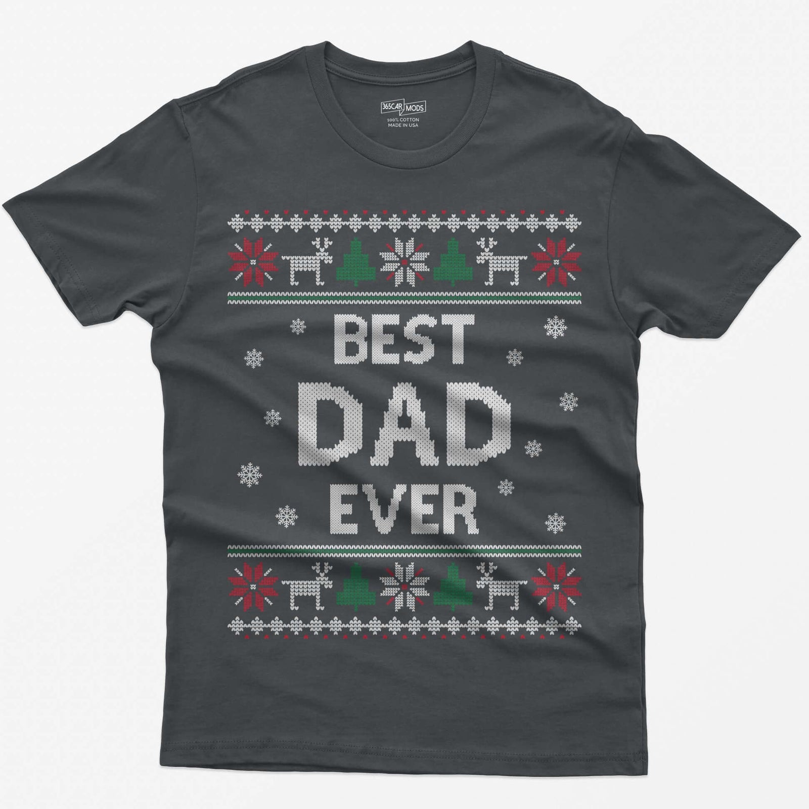 Charcoal t-shirt with knit-style Best Dad Ever print framed by reindeer, Christmas trees, poinsettias and snowflakes