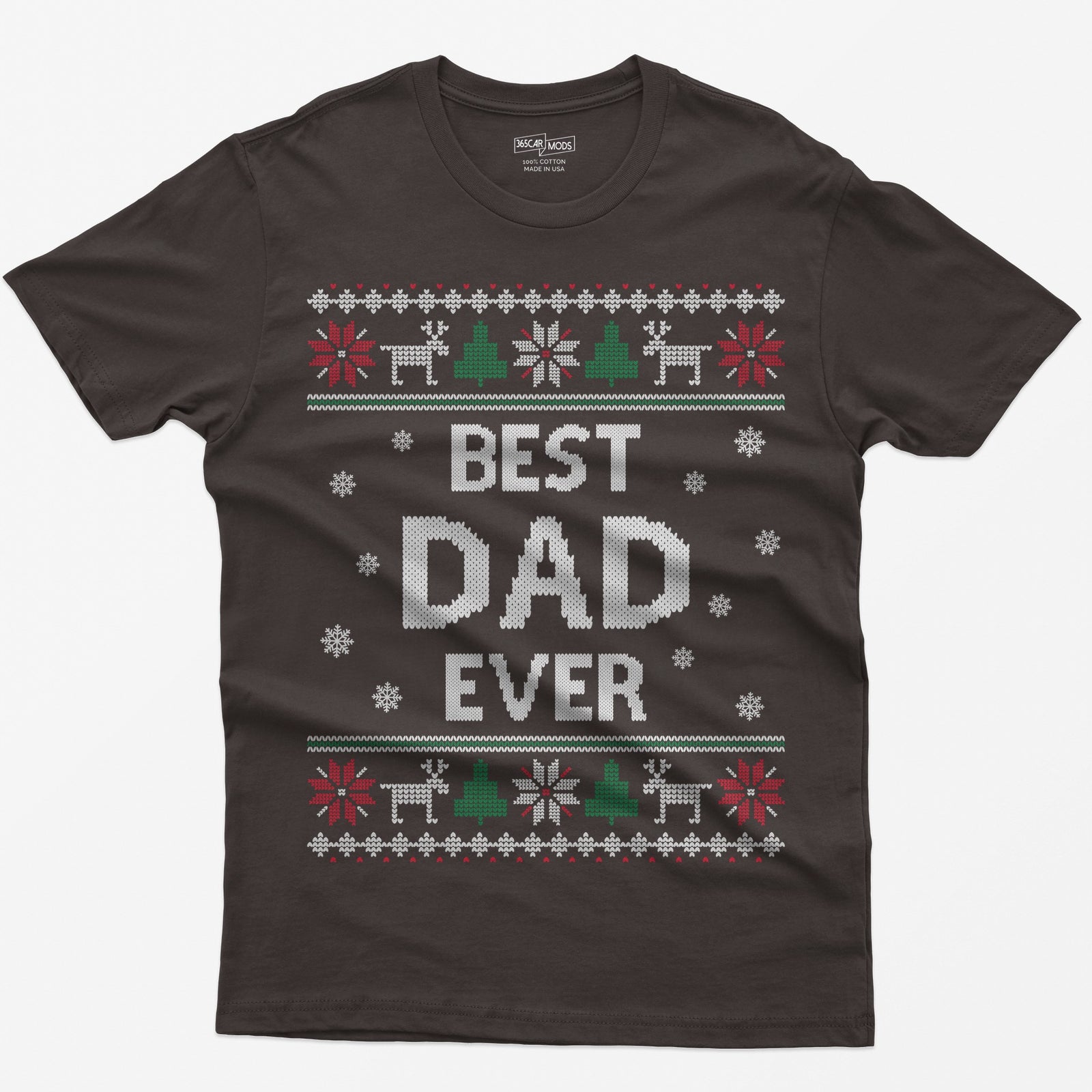 Dark Chocolate t-shirt with knit-style Best Dad Ever print framed by reindeer, Christmas trees, poinsettias and snowflakes