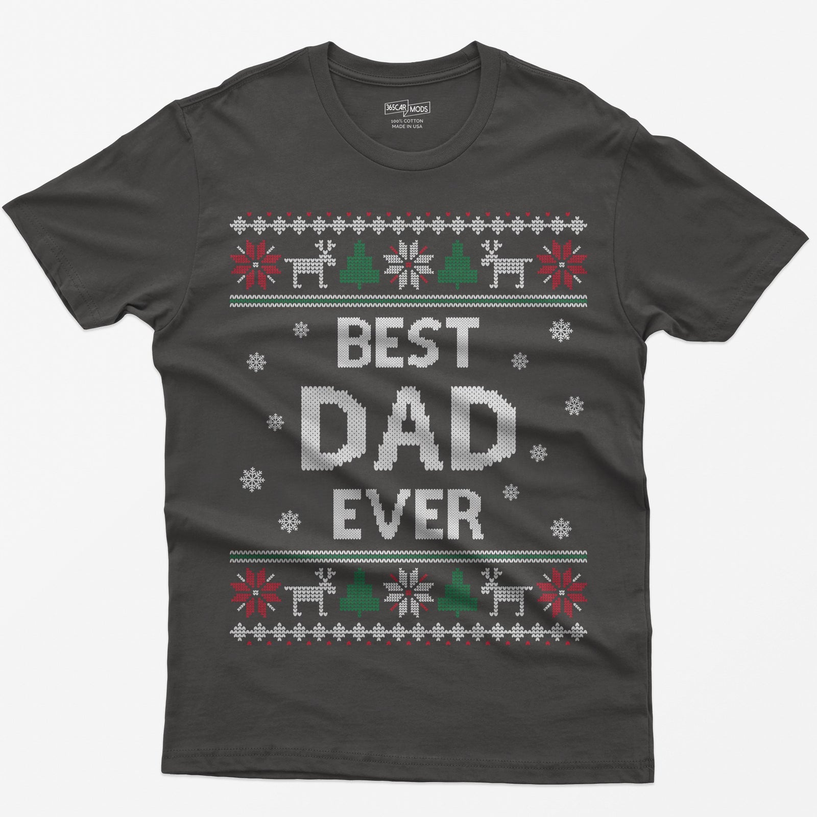 Dark Heather t-shirt with knit-style Best Dad Ever print framed by reindeer, Christmas trees, poinsettias and snowflakes