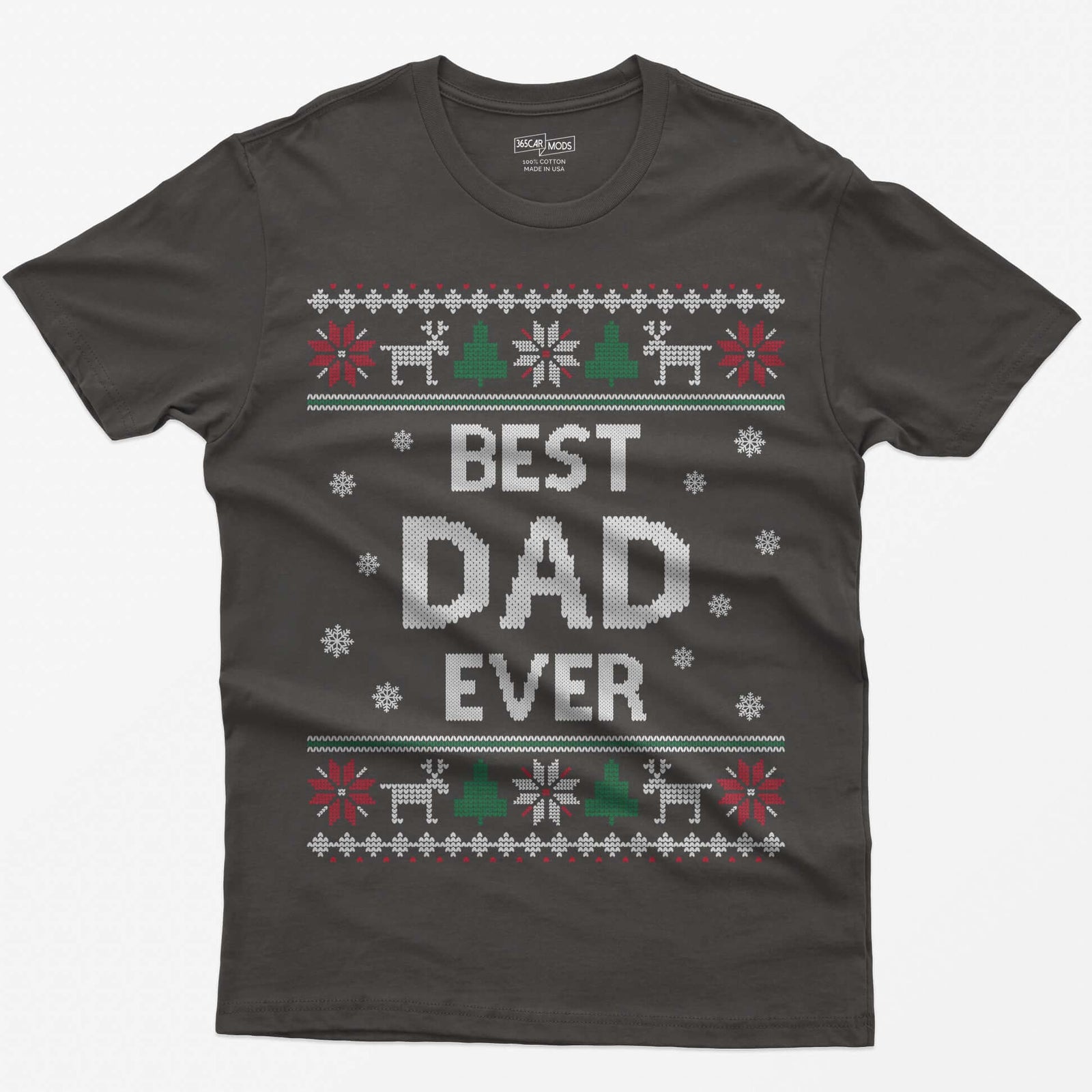 Dark Heather t-shirt with knit-style Best Dad Ever print framed by reindeer, Christmas trees, poinsettias and snowflakes
