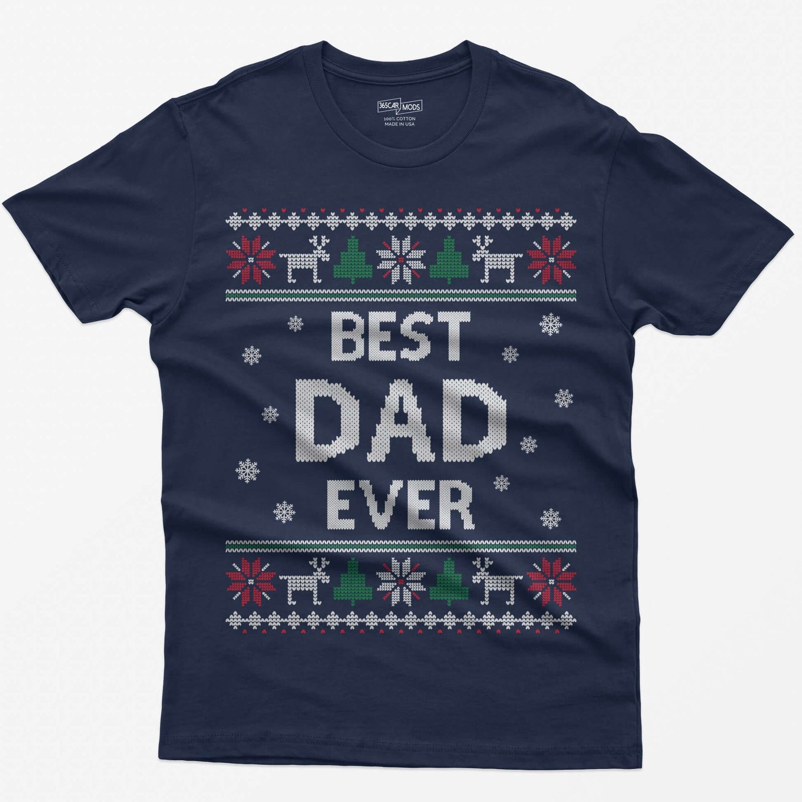 Navy t-shirt with knit-style Best Dad Ever print framed by reindeer, Christmas trees, poinsettias and snowflakes