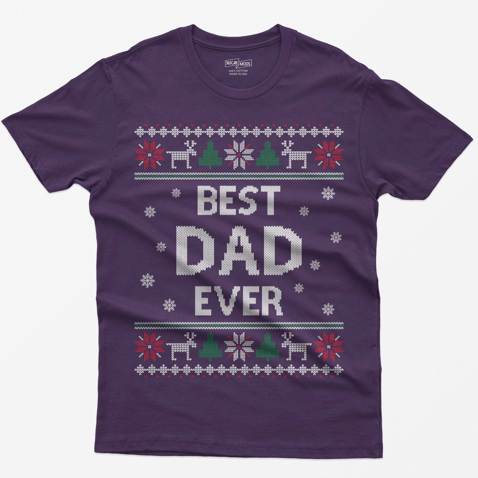 Purple t-shirt with knit-style Best Dad Ever print framed by reindeer, Christmas trees, poinsettias and snowflakes