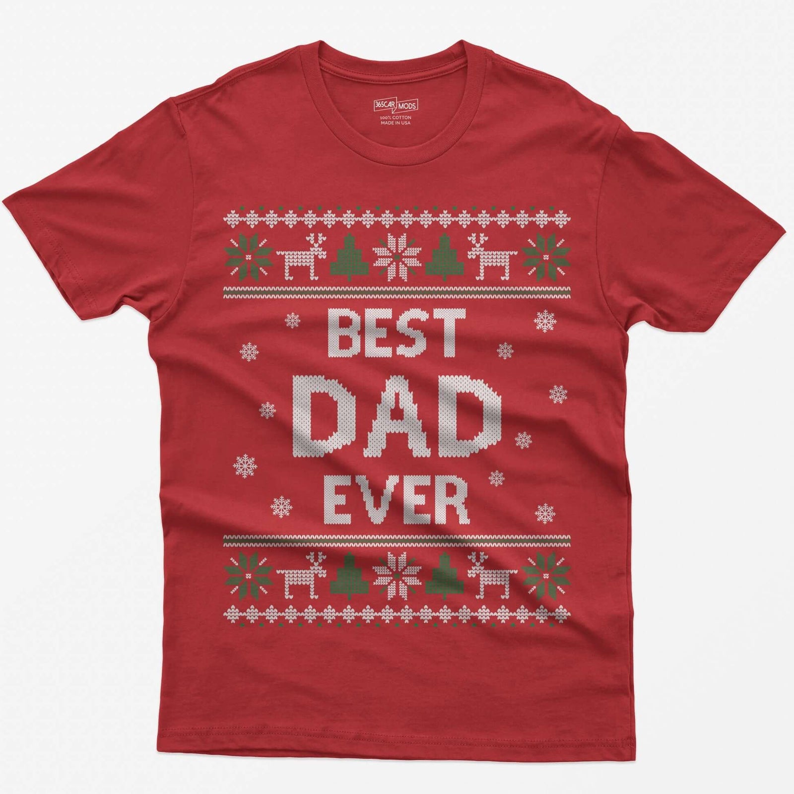 Red t-shirt with knit-style Best Dad Ever print framed by reindeer, Christmas trees, poinsettias and snowflakes
