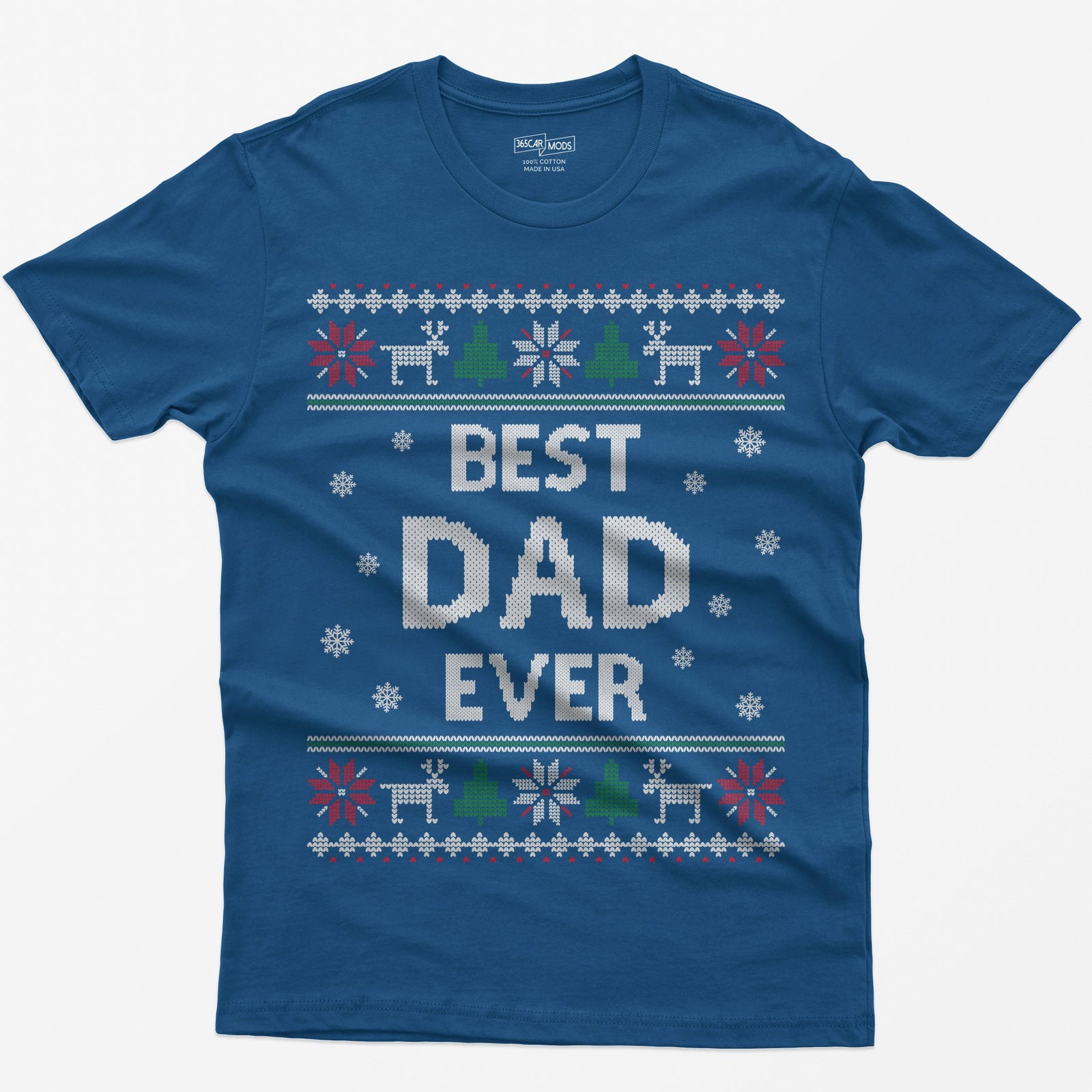 Royal t-shirt with knit-style Best Dad Ever print framed by reindeer, Christmas trees, poinsettias and snowflakes