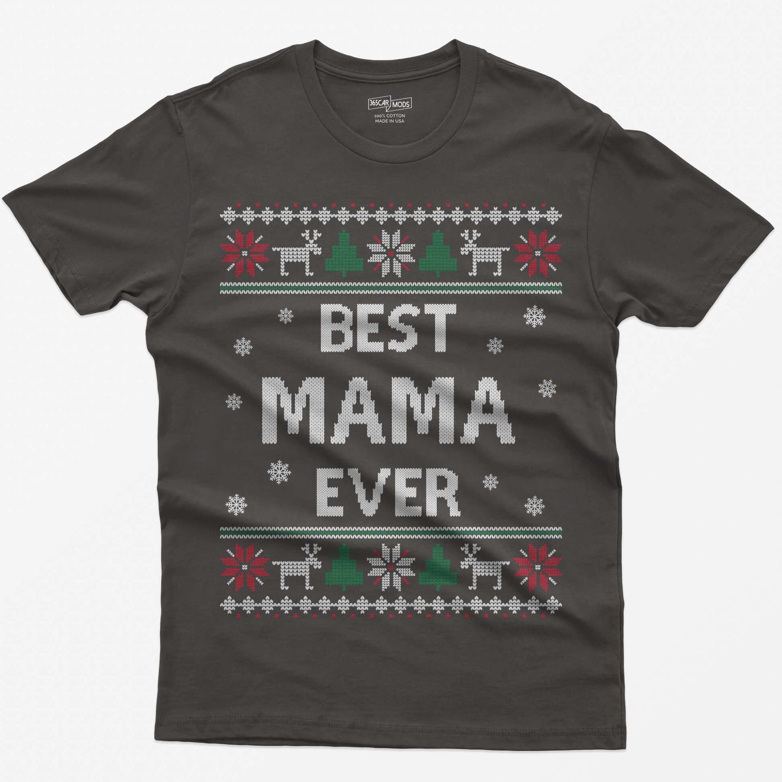 Dark Heather t-shirt with knit-style Best Mama Ever print framed by reindeer, Christmas trees, poinsettias and snowflakes