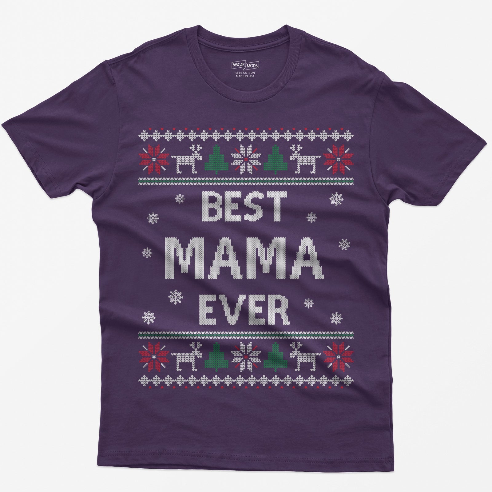 Purple t-shirt with knit-style Best Mama Ever print framed by reindeer, Christmas trees, poinsettias and snowflakes
