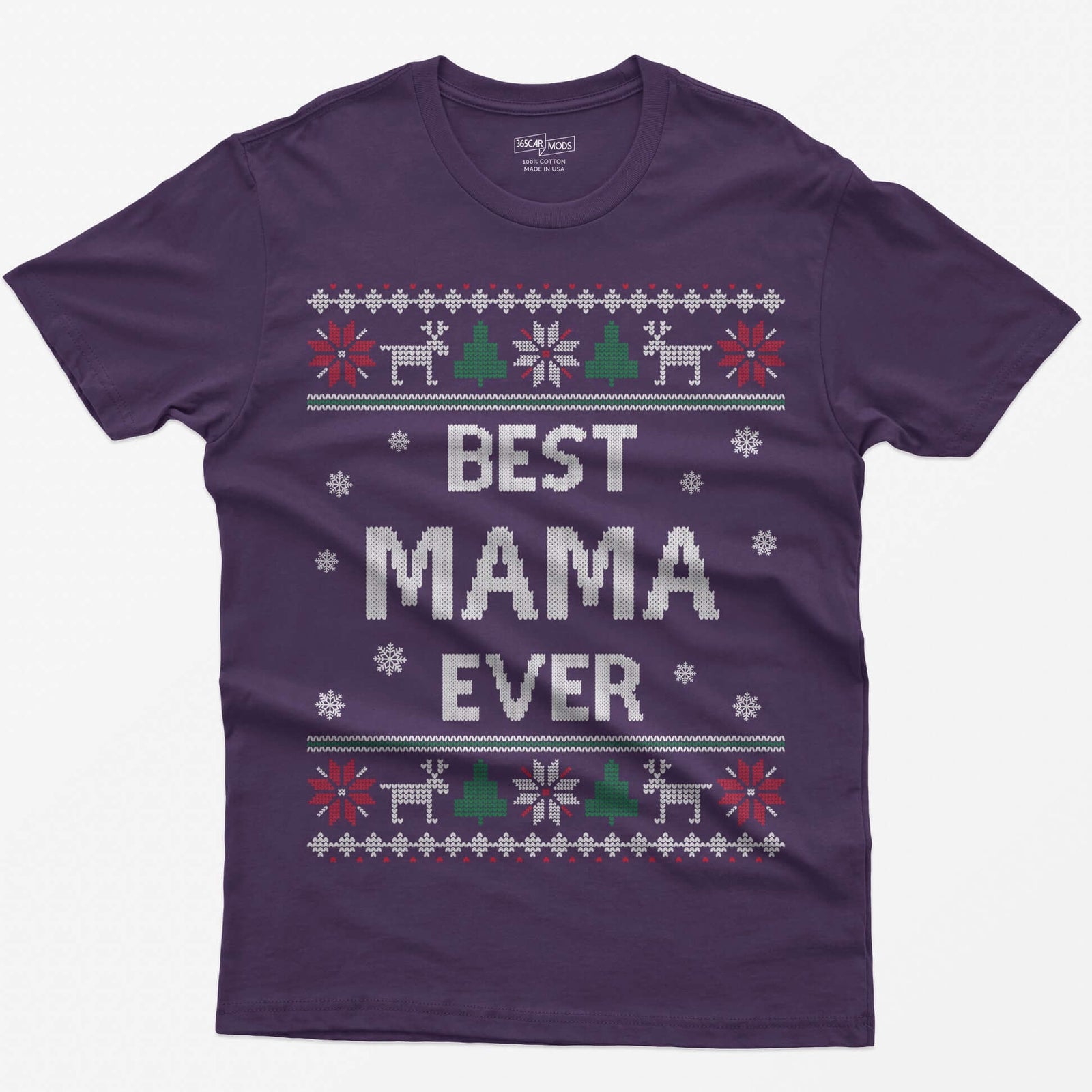 Purple t-shirt with knit-style Best Mama Ever print framed by reindeer, Christmas trees, poinsettias and snowflakes