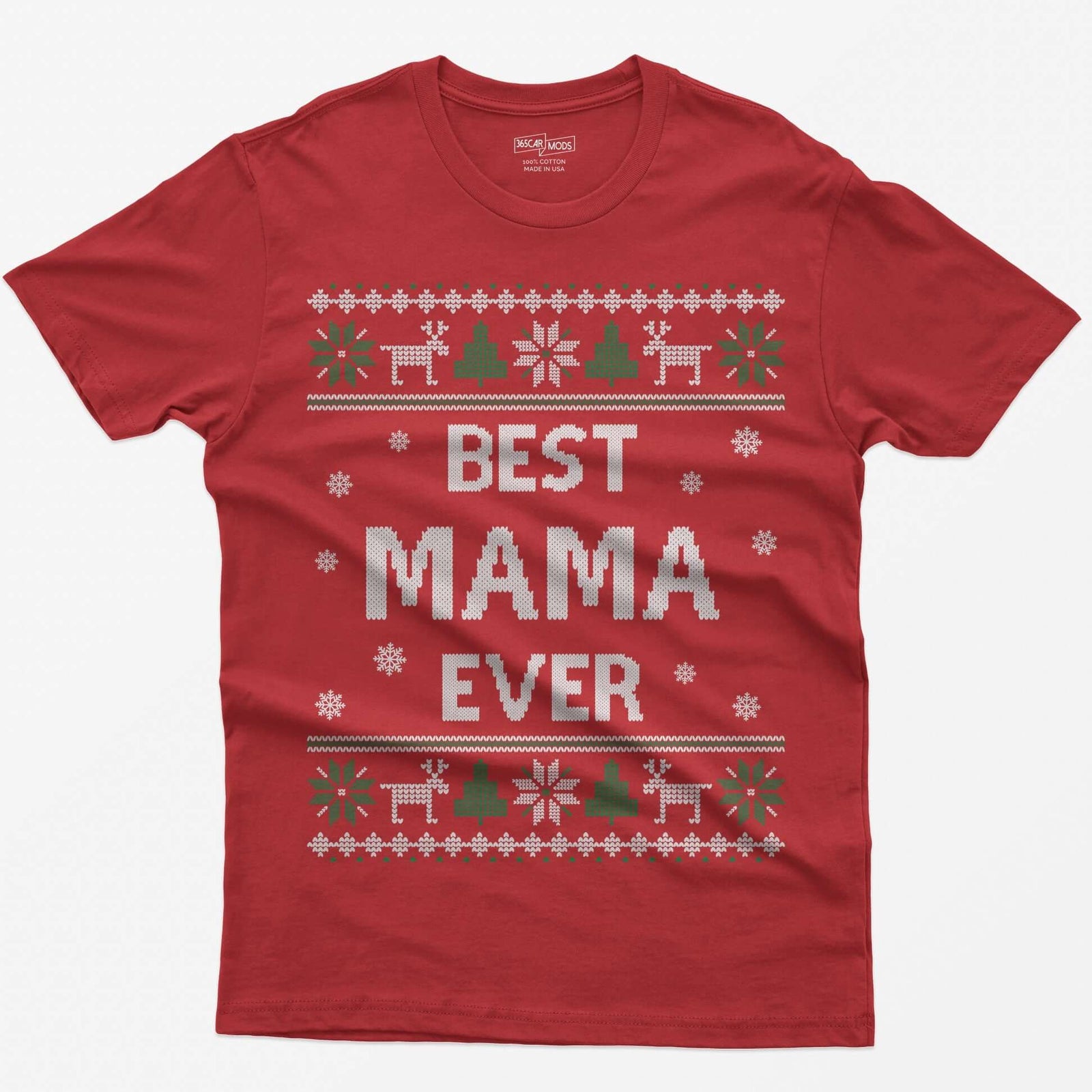 Red t-shirt with knit-style Best Mama Ever print framed by reindeer, Christmas trees, poinsettias and snowflakes