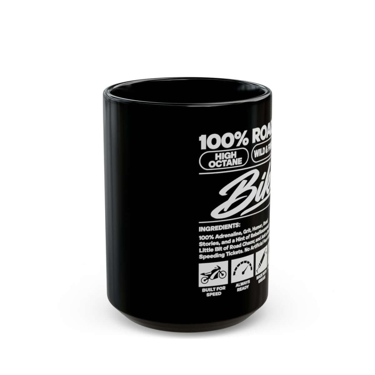 Biker Ingredients Label Coffee Mug - 15oz black coffee mug, front view