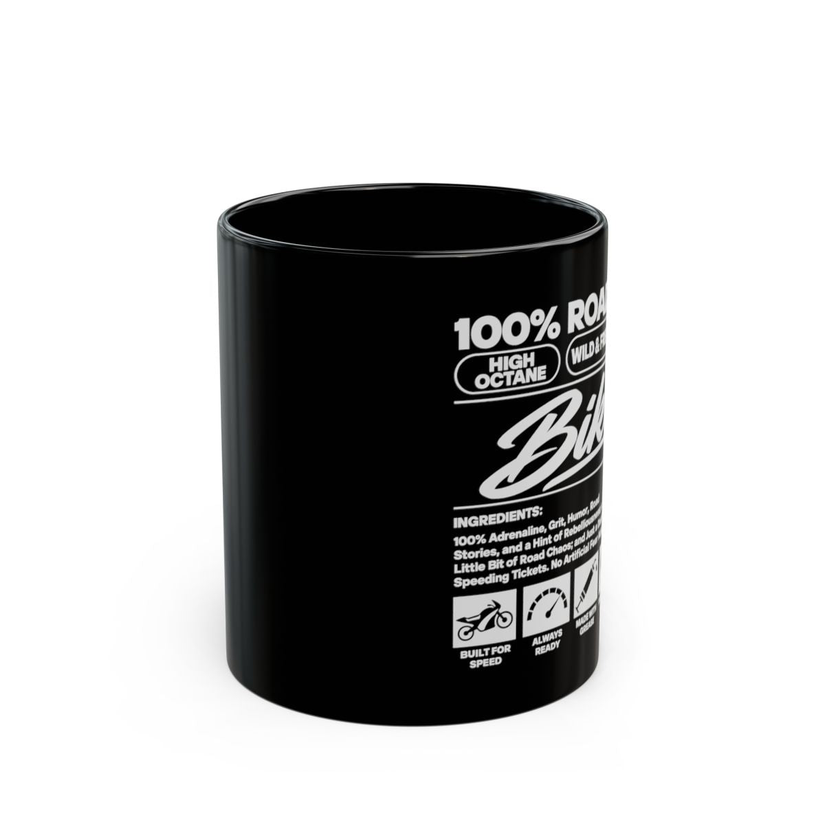 Biker Ingredients Label Coffee Mug - 11oz black coffee mug, front view