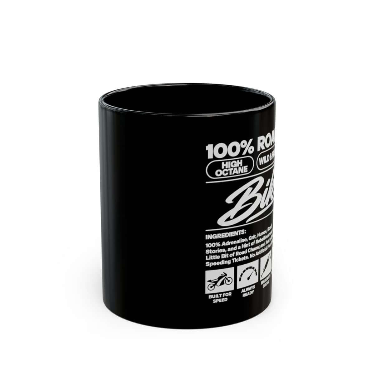 Biker Ingredients Label Coffee Mug - 11oz black coffee mug, front view