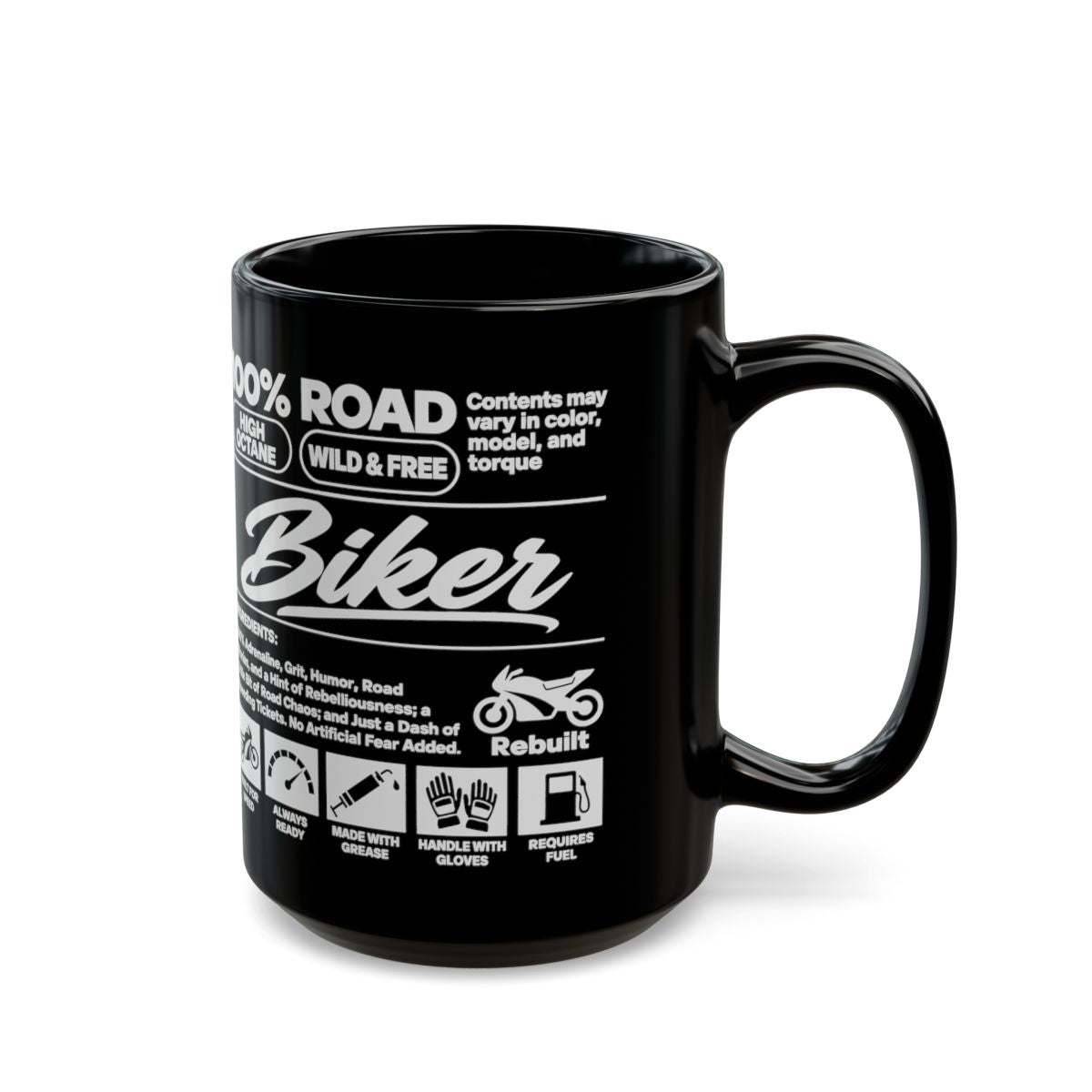 Biker Ingredients Label Coffee Mug - 15oz black coffee mug, handle on the right