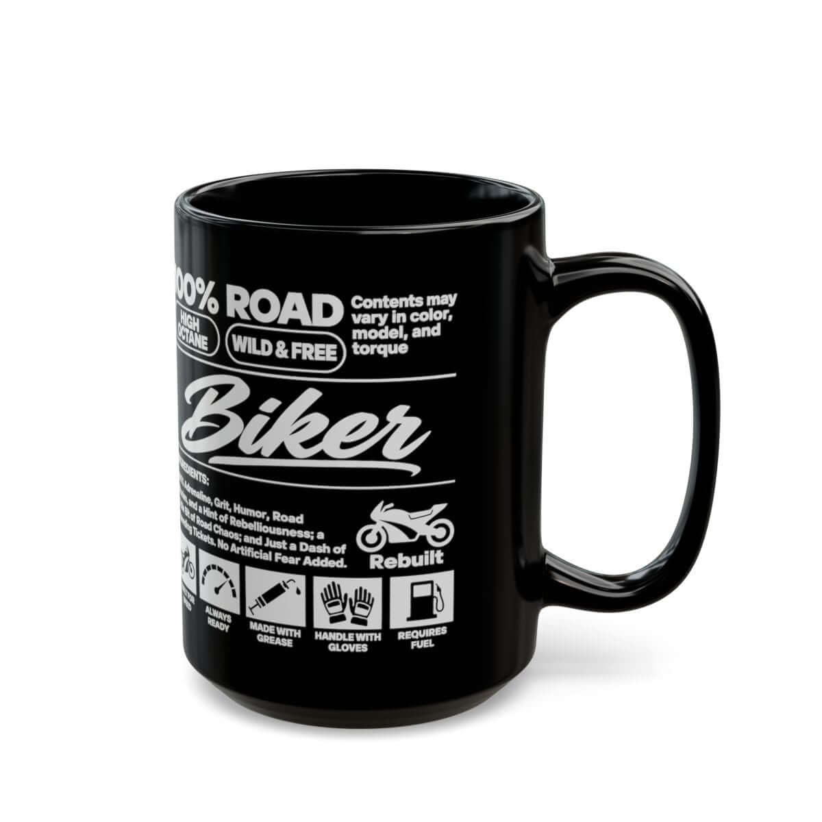 Biker Ingredients Label Coffee Mug - 15oz black coffee mug, handle on the right