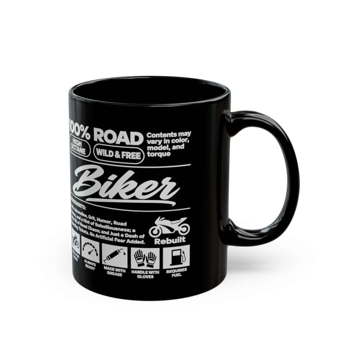 Biker Ingredients Label Coffee Mug - 11oz black coffee mug, handle on the right