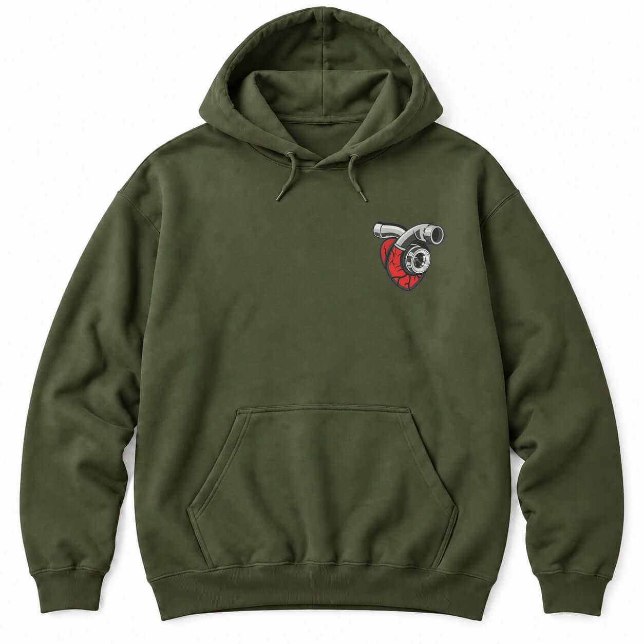 Military Green hoodie with a red anatomical heart fitted with a chrome turbocharger and intake pipe