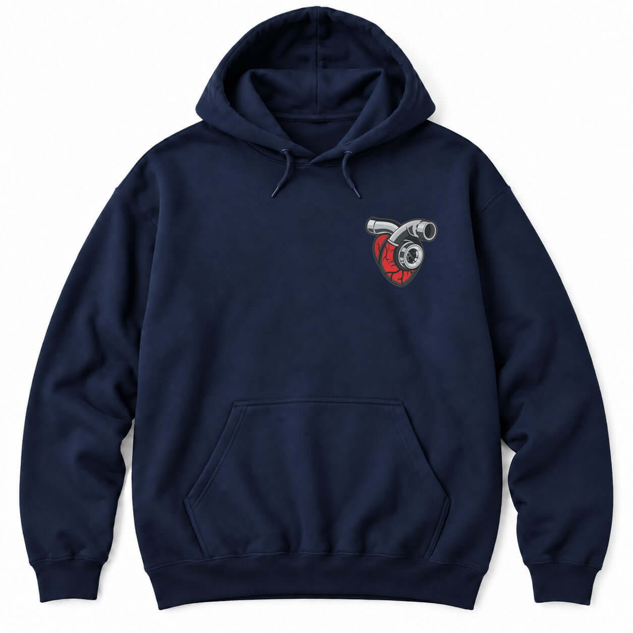 Navy hoodie with a red anatomical heart fitted with a chrome turbocharger and intake pipe