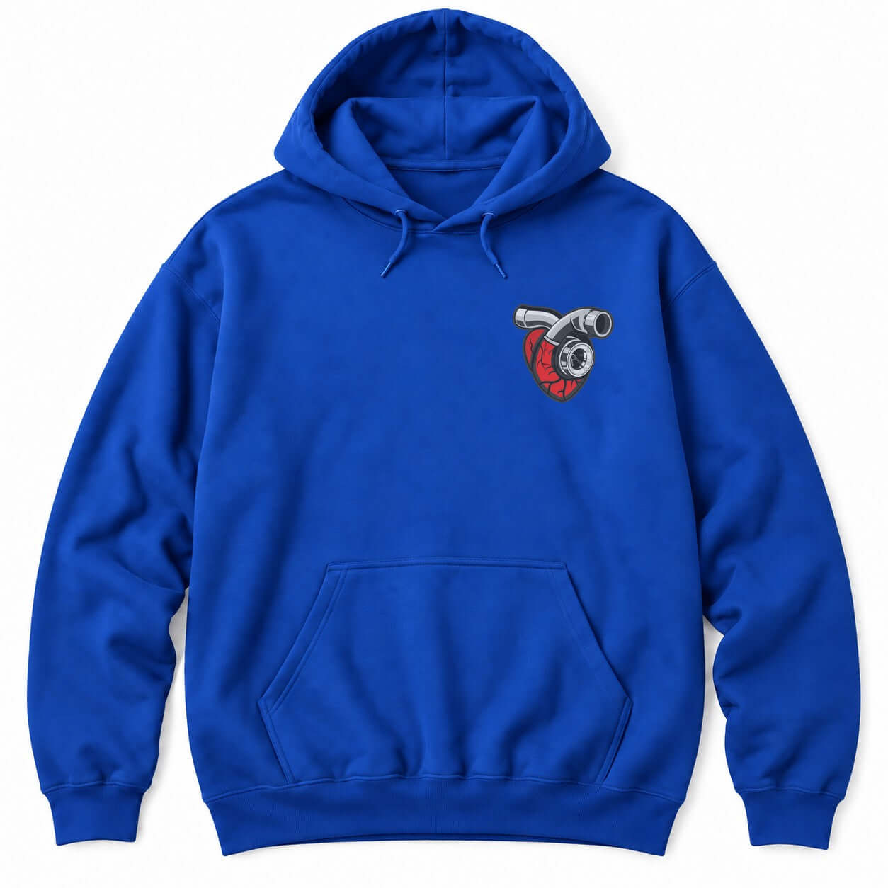 Royal hoodie with a red anatomical heart fitted with a chrome turbocharger and intake pipe