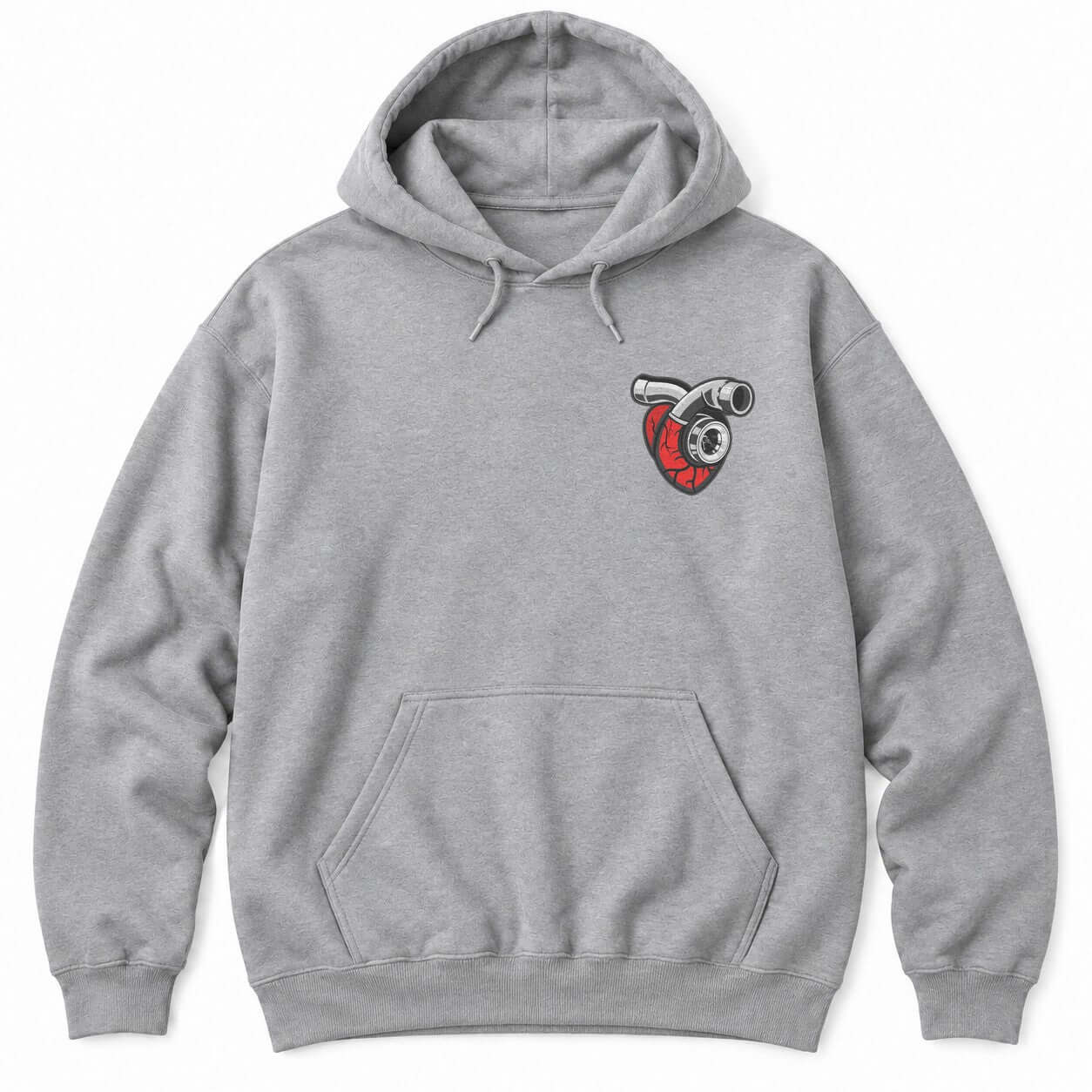 Sport Grey hoodie with a red anatomical heart fitted with a chrome turbocharger and intake pipe