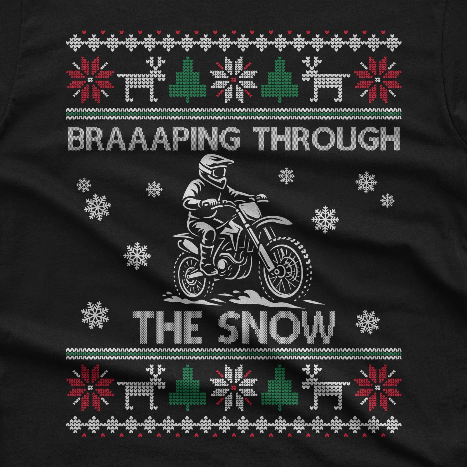 Braaaping Through the Snow Dirt Bike Christmas T-Shirt design close-up
