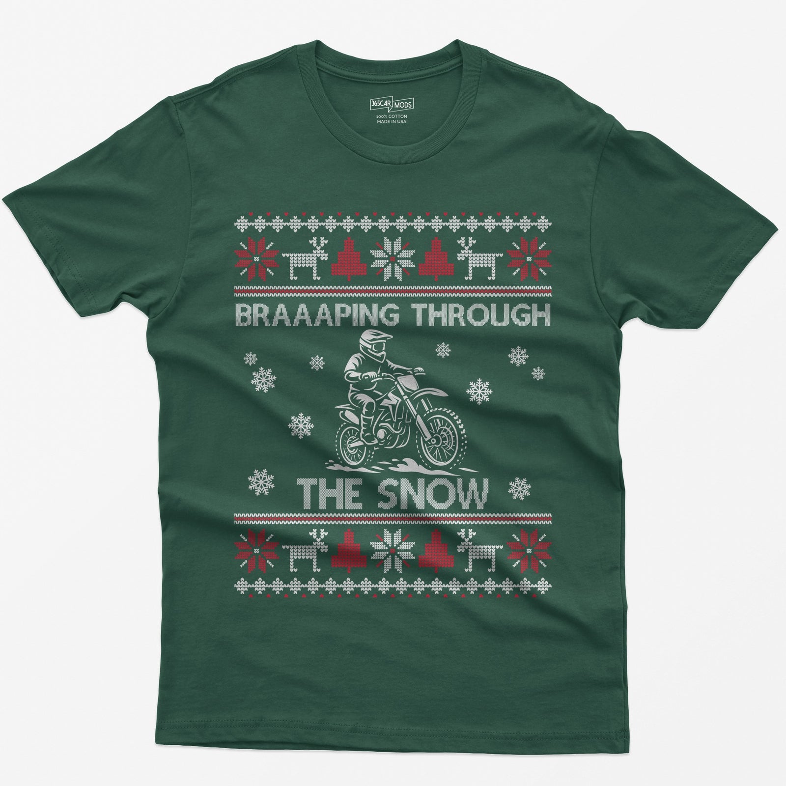 Braaaping Through the Snow Dirt Bike Christmas T-Shirt - Forest Green