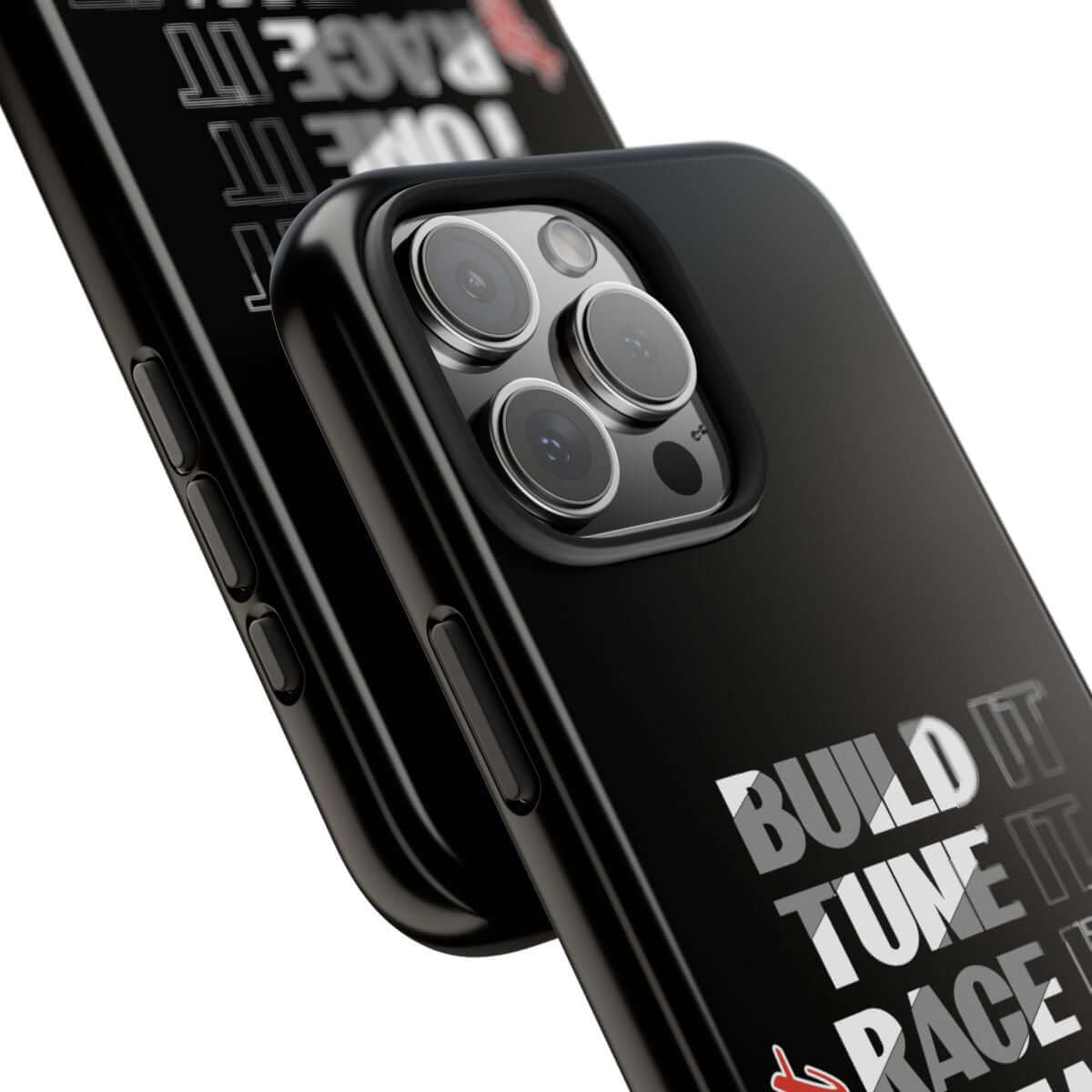 Build It Tune It Race It Break It Fix It Repeat tough phone case, close-up of the print