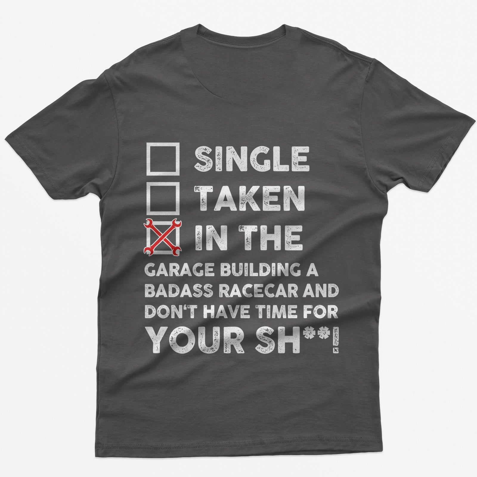 In the Garage Building a Racecar T-Shirt - Dark Grey Heather back print