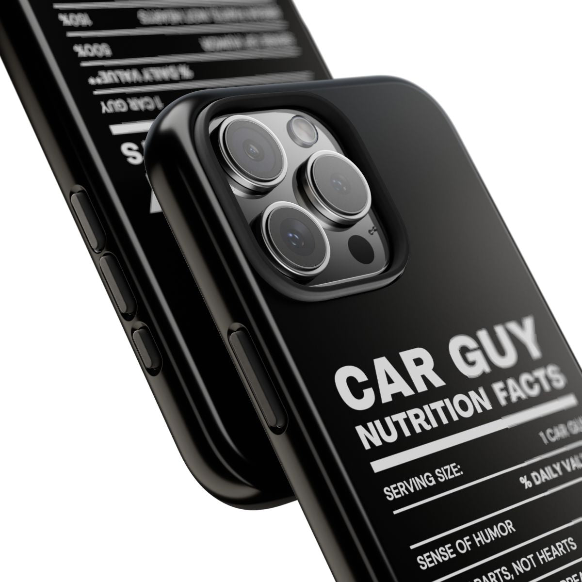 Car Guy Nutrition Facts tough phone case, close-up of the print